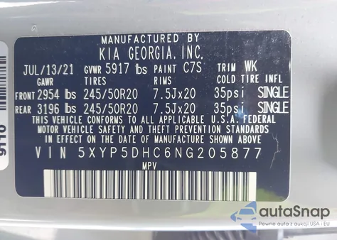 2022 Kia Telluride Sx z USA, uszkodzony, nr VIN 5XYP5DHC6NG205877